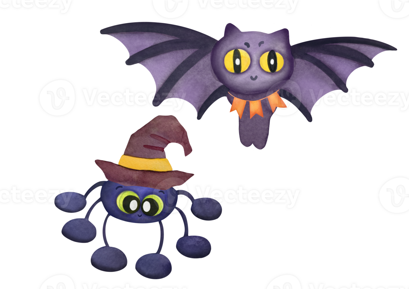 cute bat and funny kind spider. Watercolor illustration isolated on transparent background. clip art set of symbols of Halloween. Cute cartoon Greeting card with Bat vampire, scary magic spider png