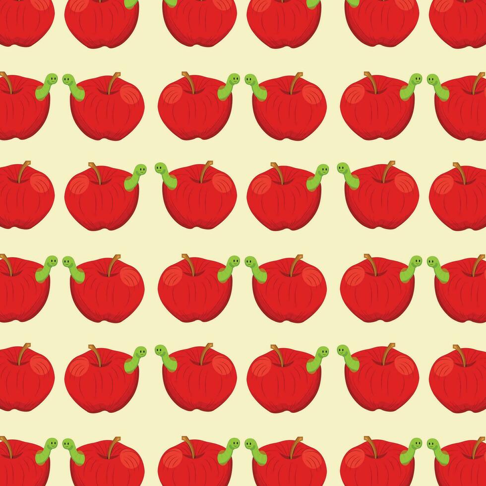 Red apple with a smiling worm. Seamless pattern. Vector illustration.