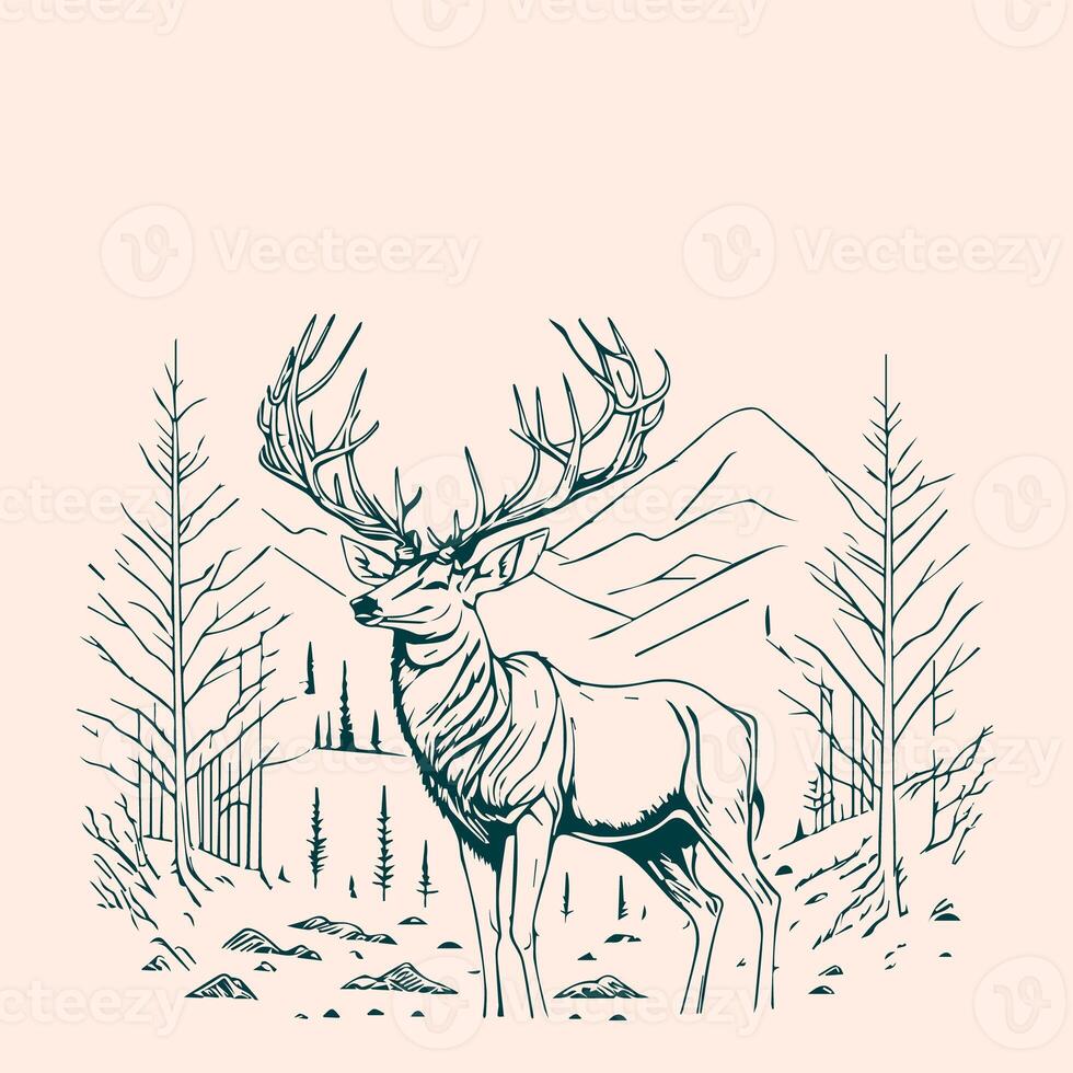 Hunting illustration hand drawn design, hunting design. hunting vector, deer head vector photo