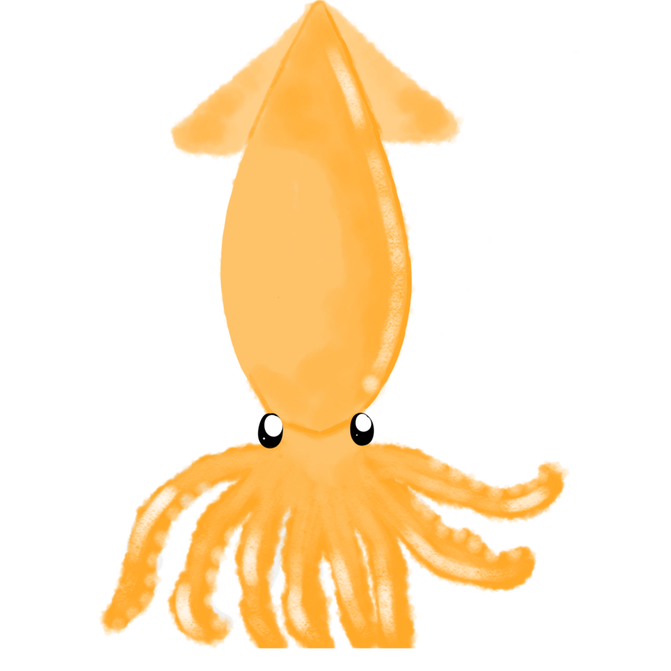 un Orange calamar avec une longue queue et une longue cou png