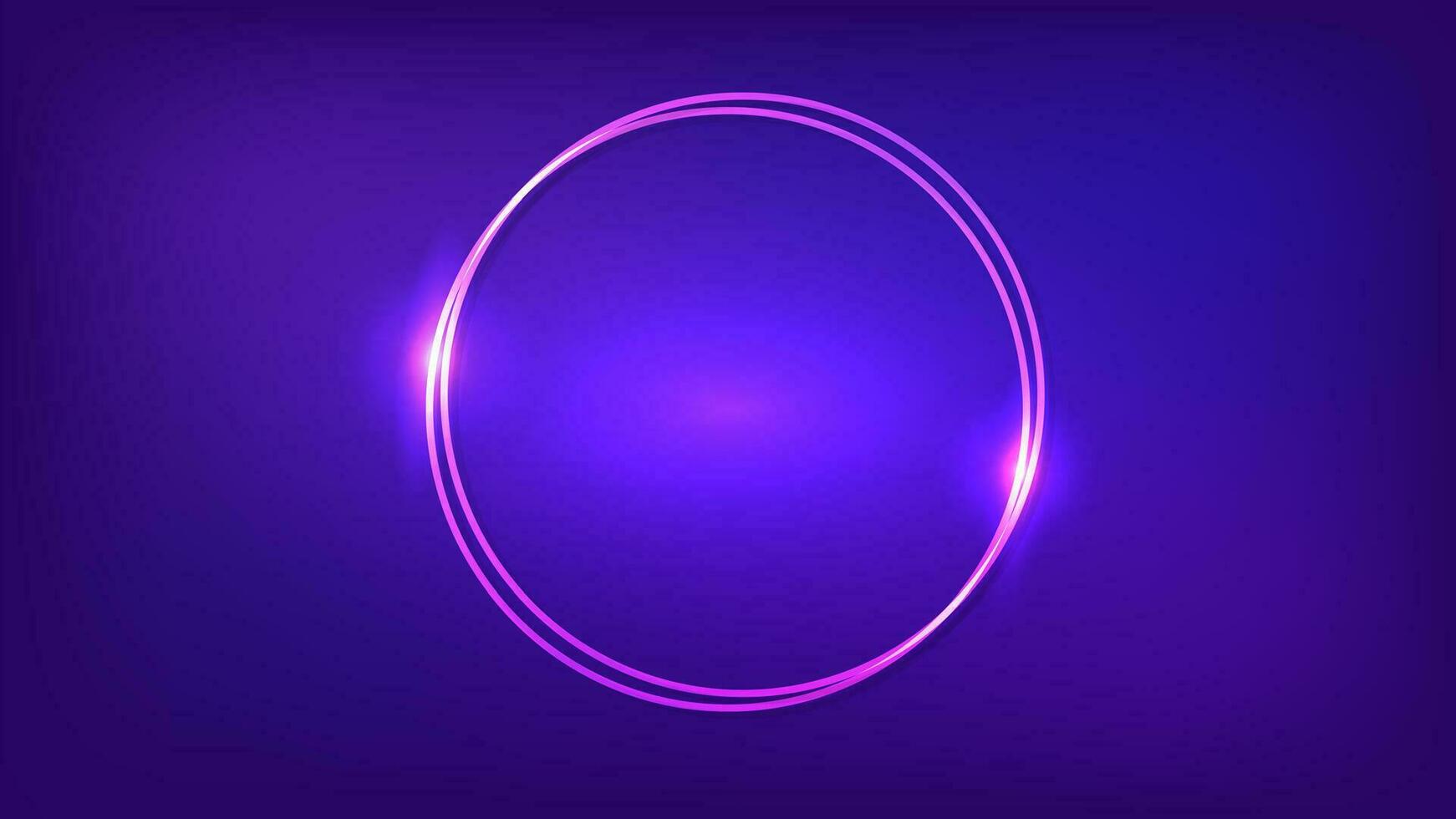 Neon double round frame with shining effects on dark background. Empty glowing techno backdrop. Vector illustration.