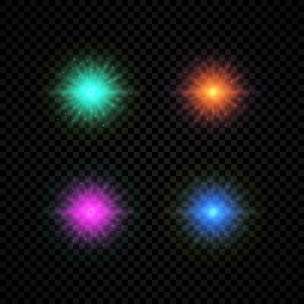 Light effect of lens flares. Set of four green, orange, purple and blue glowing lights starburst effects with sparkles on a dark vector