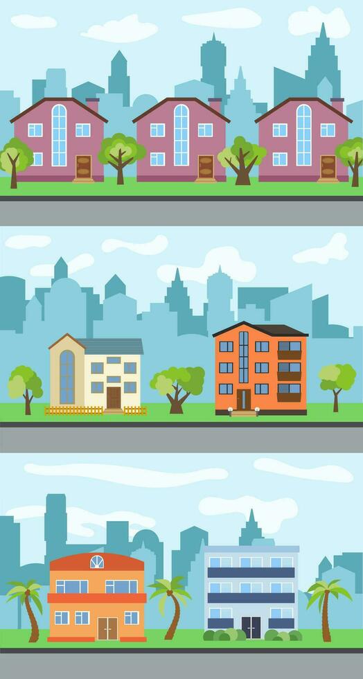 Set of three vector illustrations of city street with cartoon houses and trees. Summer urban landscape. Street view with cityscape on a background