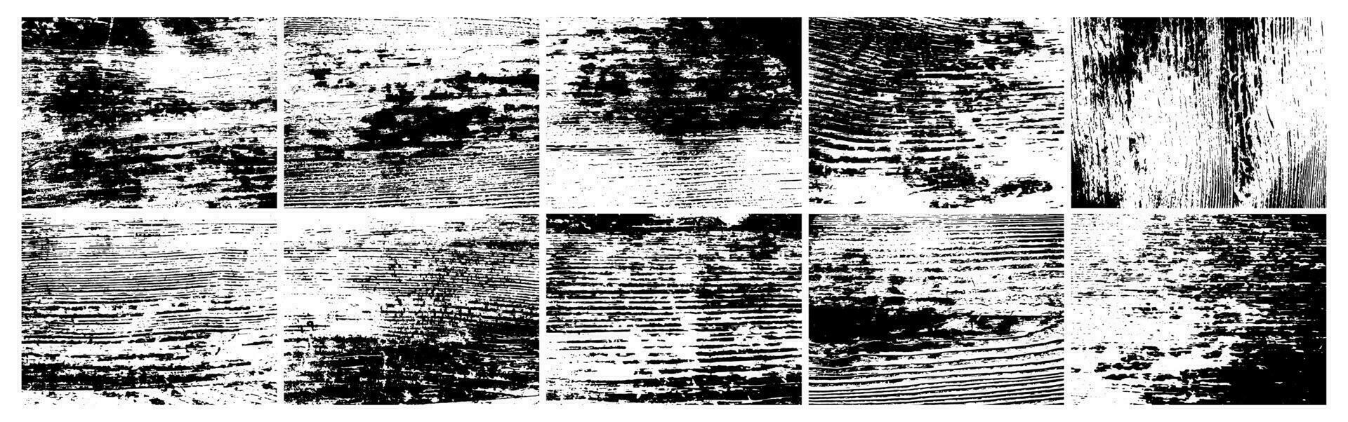 Grunge natural wood monochrome texture. Set of ten abstract wooden surface overlay backgrounds in black and white. Vector illustration