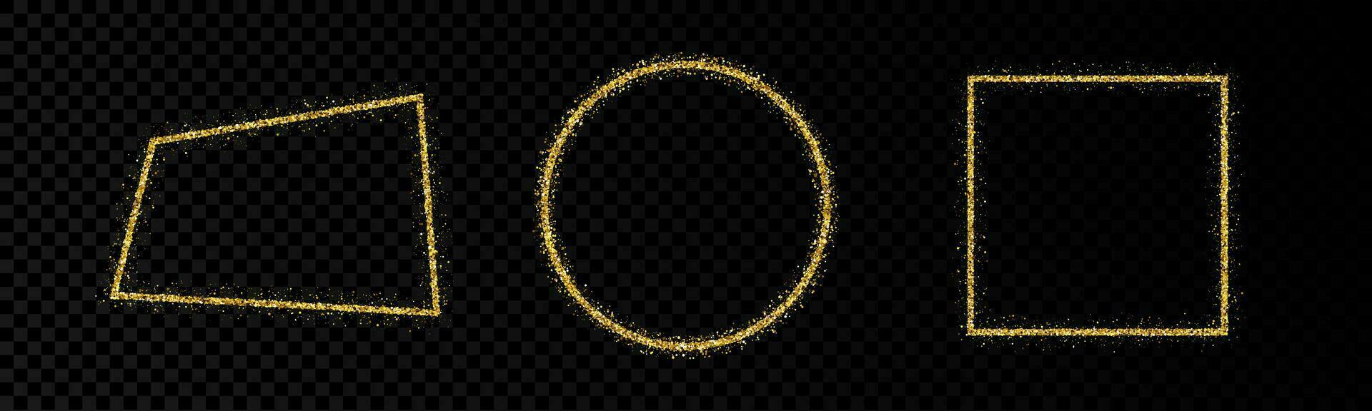 Shiny frames with glowing effects. Set of three glitter gold round, square and trapezoid frames vector