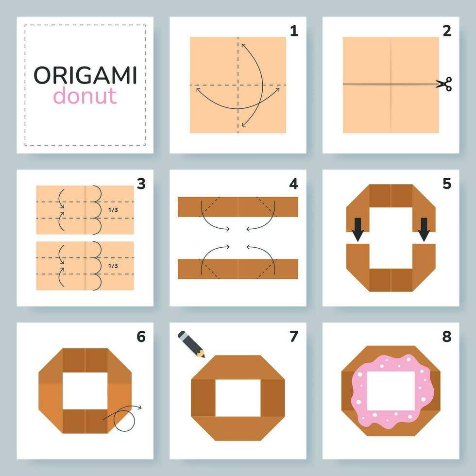 rosquilla origami esquema tutorial Moviente modelo. origami para niños. paso por paso cómo a hacer un linda origami rosquilla. vector ilustración.