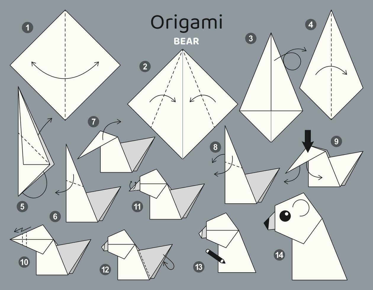 Bear origami scheme tutorial moving model. Origami for kids. Step by step how to make a cute origami wild animal. Vector illustration.