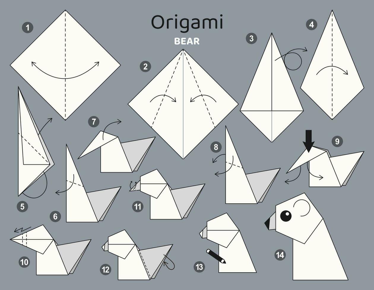 oso origami esquema tutorial Moviente modelo. origami para niños. paso por paso cómo a hacer un linda origami salvaje animal. vector ilustración.