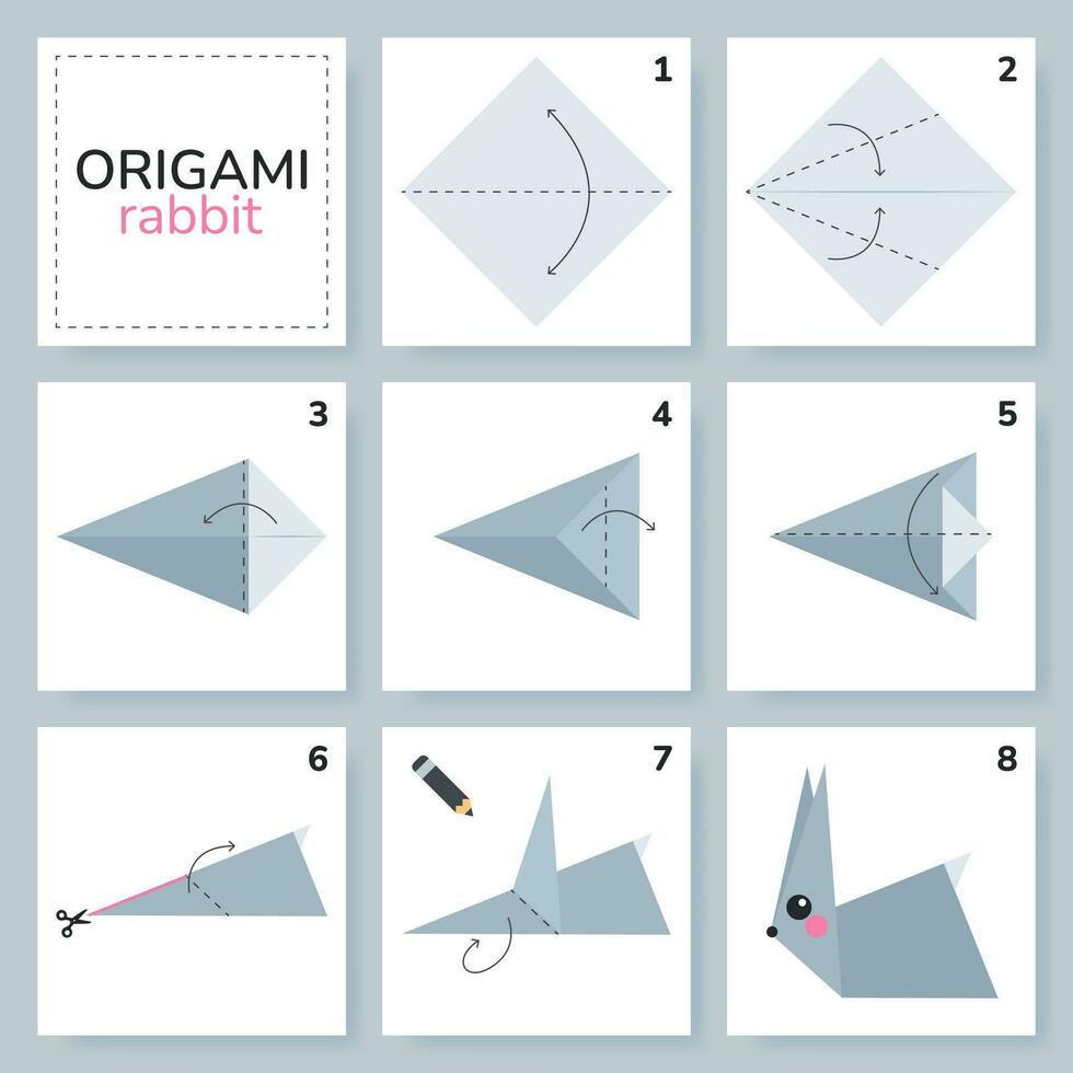 Rabbit origami scheme tutorial moving model. Origami for kids. Step by step how to make a cute origami bunny. Vector illustration.