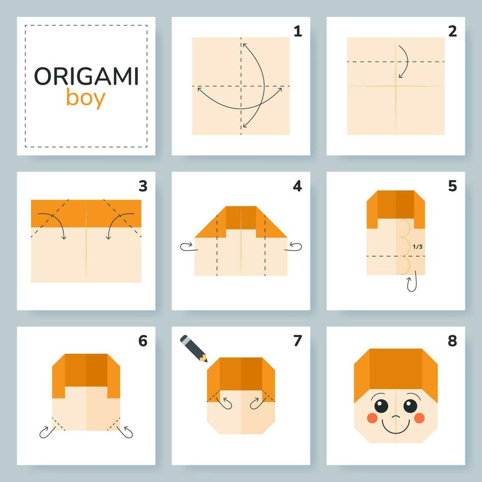 Boy origami scheme tutorial moving model. Origami for kids. Step by step how to make a cute origami human. Vector illustration.