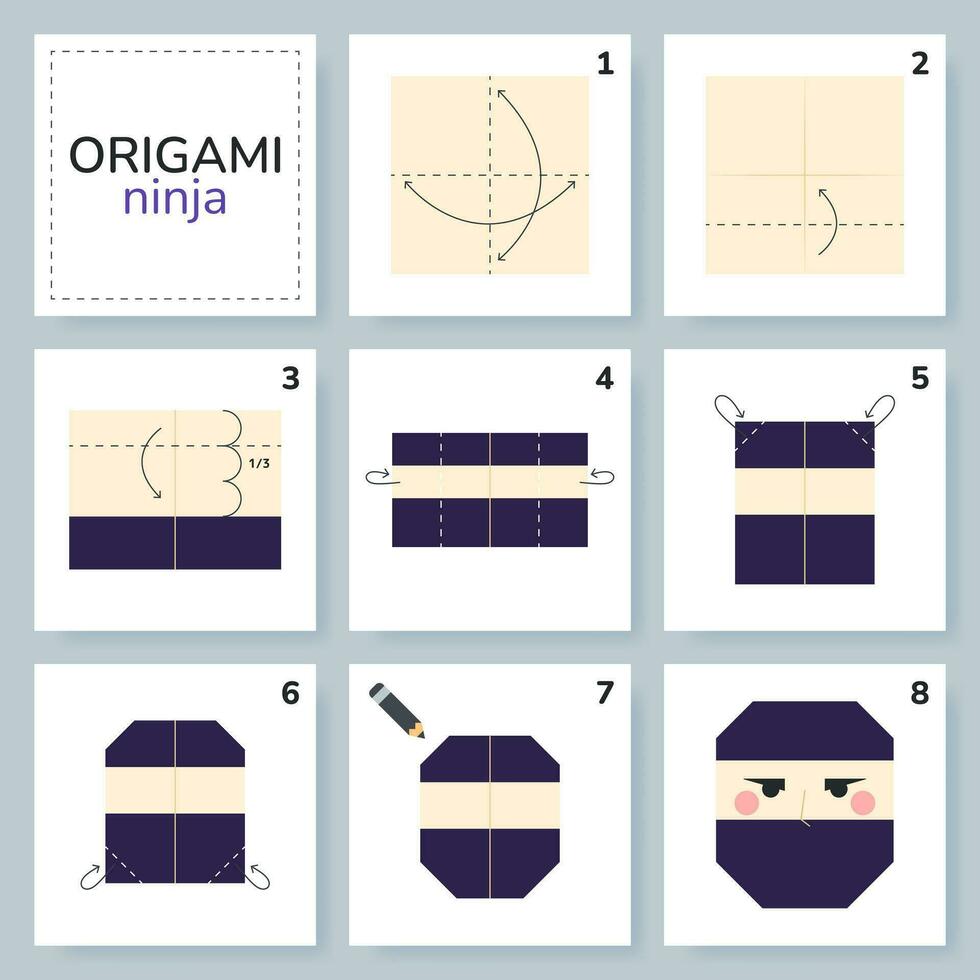 Ninja origami scheme tutorial moving model. Origami for kids. Step by step how to make a cute origami ninja. Vector illustration.