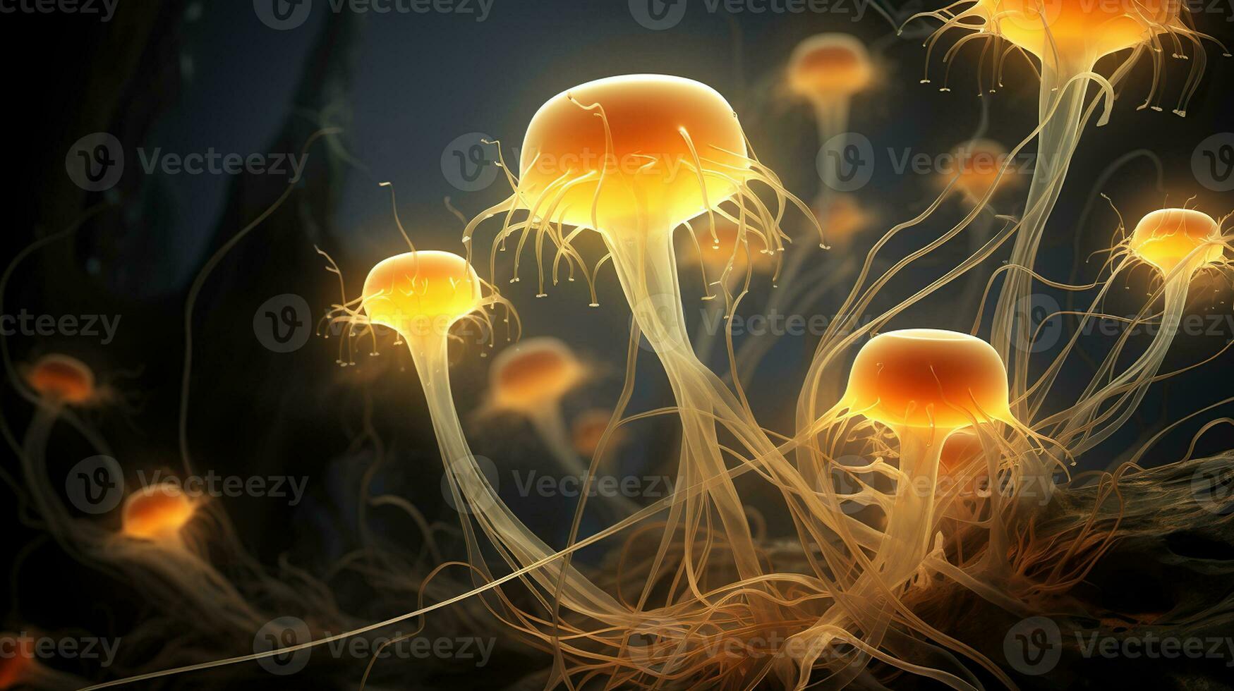 Abstract illustration of mushroom fungus hyphae mycelium tendrils, scary horrific creatures. Generative AI photo