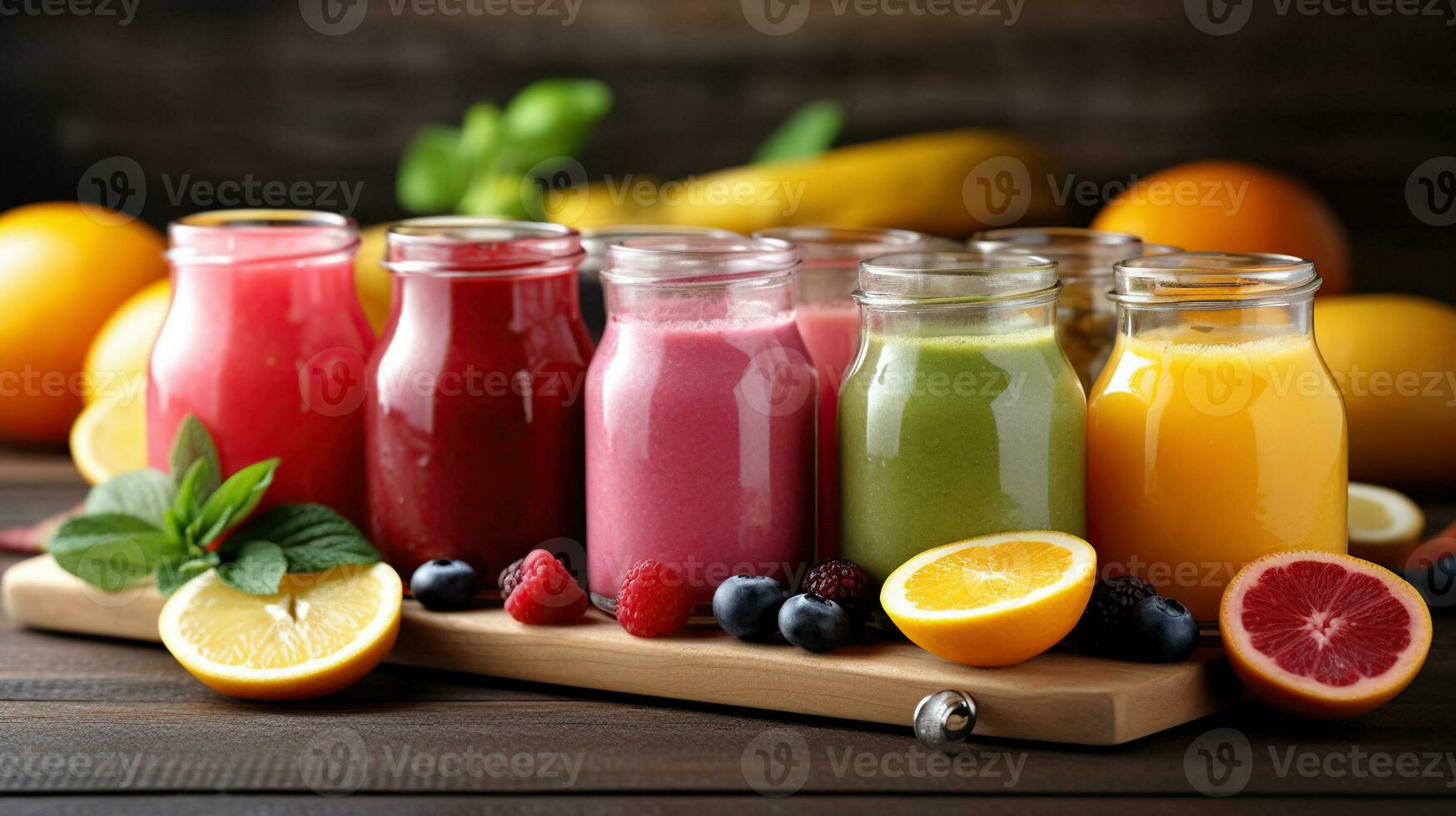 batidos de fruta, verduras, y limón jugo desplegado en un de madera junta, en el estilo de color rayas, linda y vistoso foto