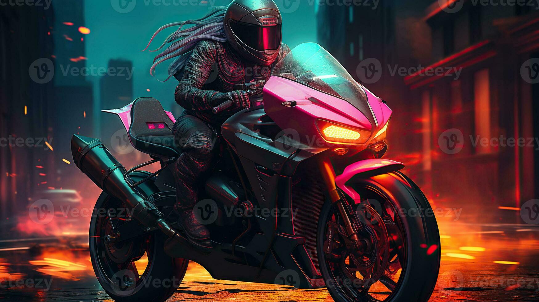 Young Biker on Futuristic Motorcycle in Night Cityscape. Neon urban future photo