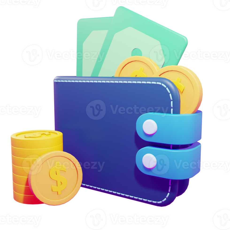 3d rendering of wallet and money with transparent background png