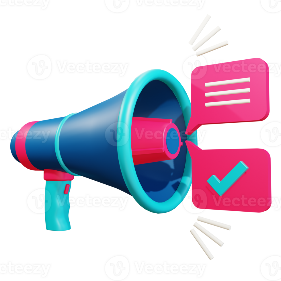 megaphone and right message object in isolated 3d rendering with transparent background png