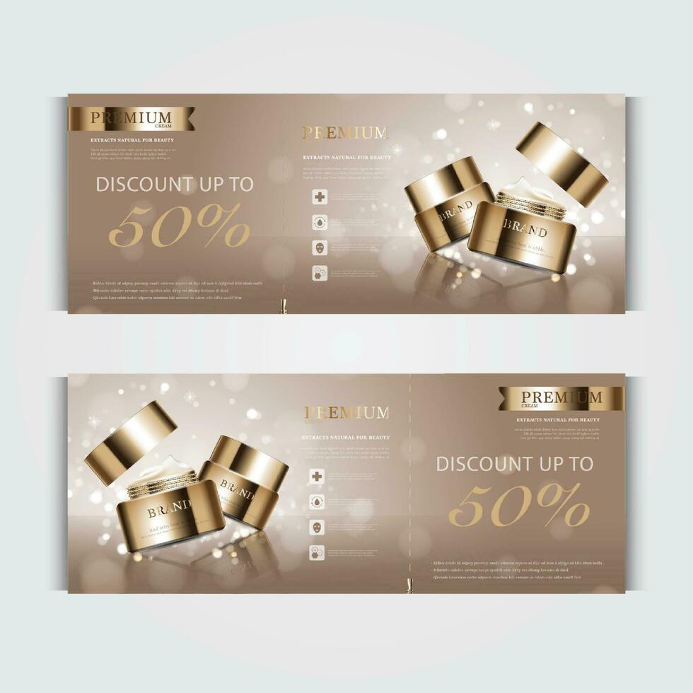Gift voucher cosmetic hydrating facial cream for annual sale or festival sale. blue and gold serum mask bottle isolated on glitter particles background. Banner graceful cosmetic ads, illustration. vector