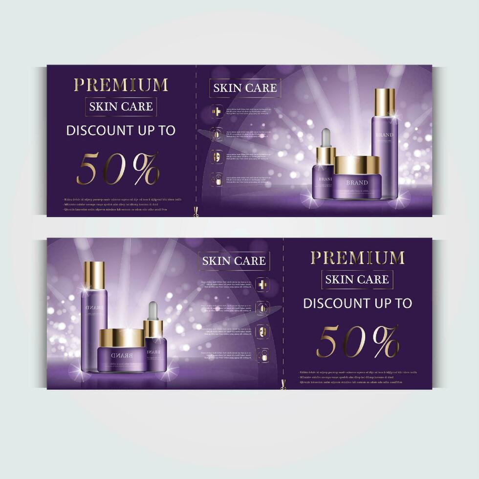 Gift voucher cosmetic hydrating facial cream for annual sale or festival sale. blue and gold serum mask bottle isolated on glitter particles background. Banner graceful cosmetic ads, illustration. vector