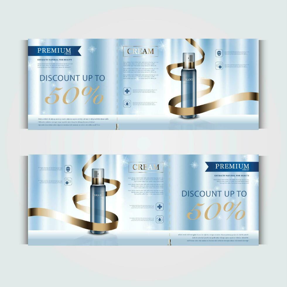 Gift voucher cosmetic hydrating facial cream for annual sale or festival sale. blue and gold serum mask bottle isolated on glitter particles background. Banner graceful cosmetic ads, illustration. vector