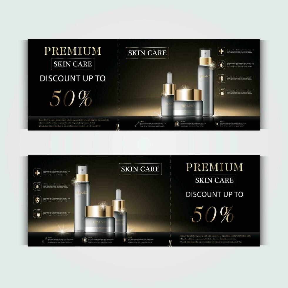 Gift voucher cosmetic hydrating facial cream for annual sale or festival sale. blue and gold serum mask bottle isolated on glitter particles background. Banner graceful cosmetic ads, illustration. vector