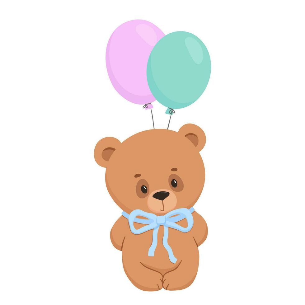 Teddy bear with bow and balloons. Vector cartoon illustration isolated on white background