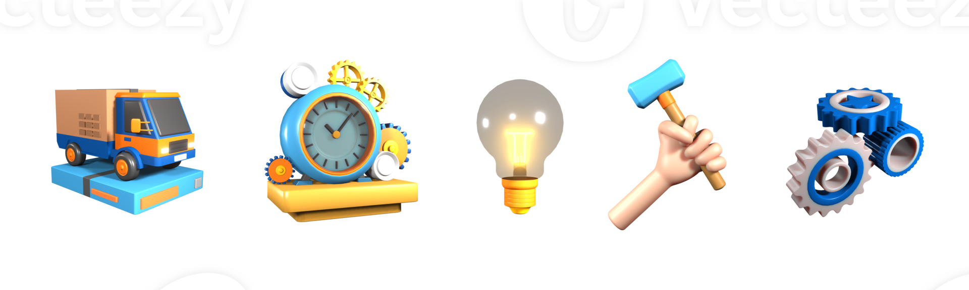 3D icon labor day collection rendered isolated on the transparent background. delivery truck, factory clock, factory light bulb, hand holding hammer, and industrial gear object for your design. png