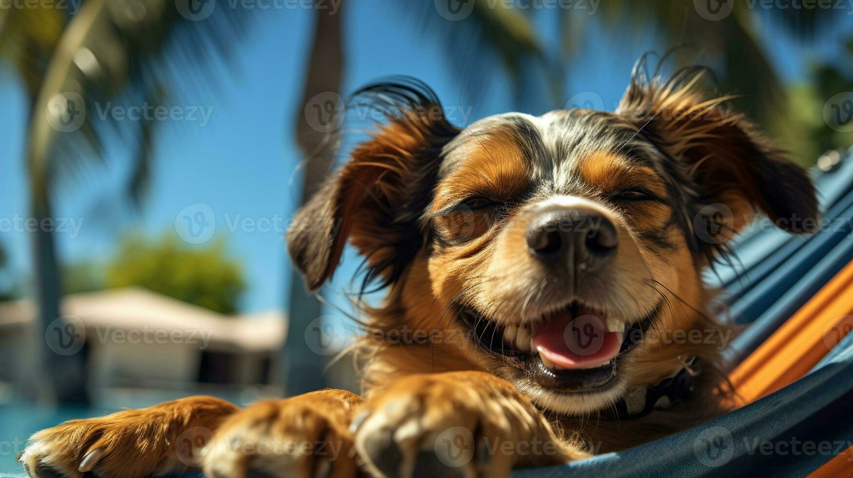 Pet relaxing on a hammock. Funny dog sunbathing on summer vacation on a hammock photo
