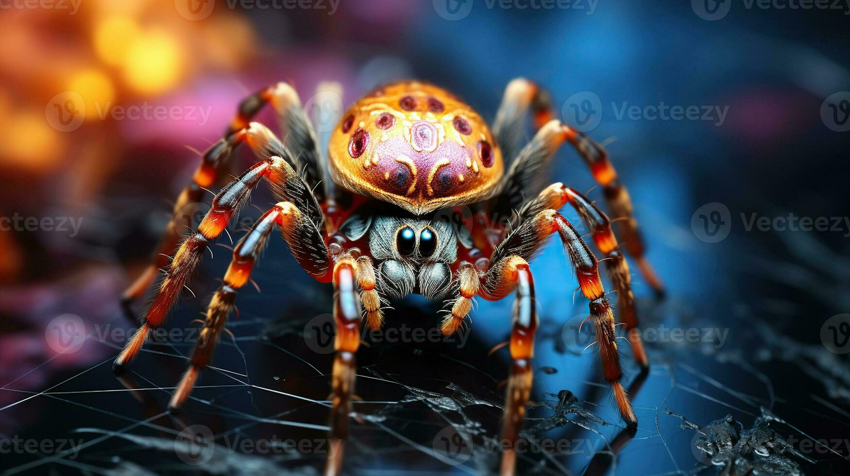 Spider in the center of its web on a colorful blurred background. Generative AI photo