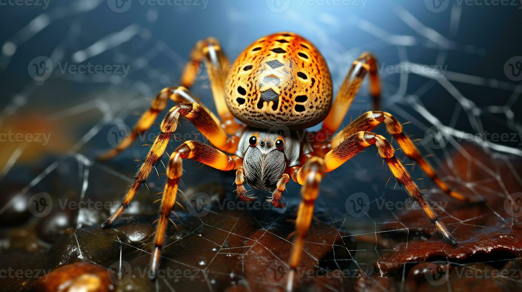 Spider's Web Illuminated by a Mosaic of Colors in the Background. Generative AI photo