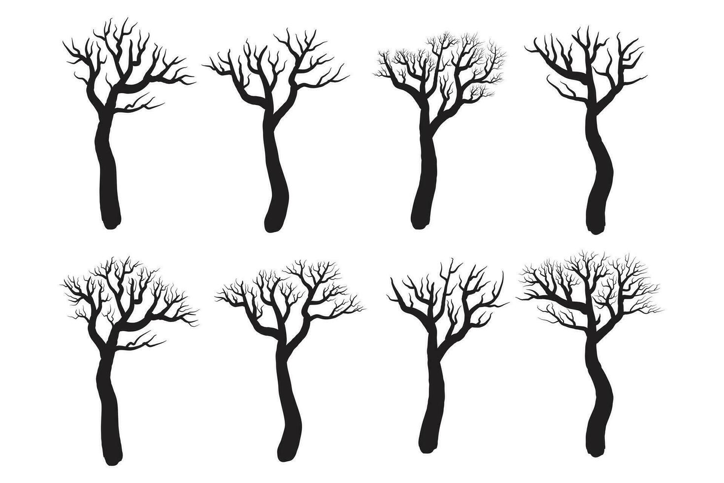 set of hand drawn Halloween dry, dead, spooky, scary tree vector silhouette, Halloween creepy old dry No leaves svg clipart, Winter Naked Black Branch bare branches trees silhouettes vector elements