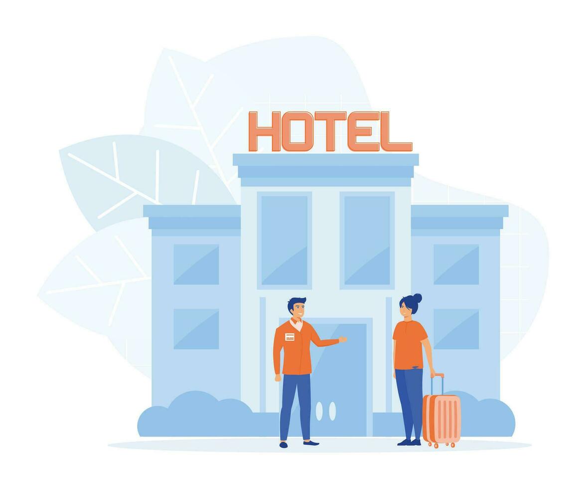 Hotel service concept. Smiling doorman welcoming guest, flat vector modern illustration