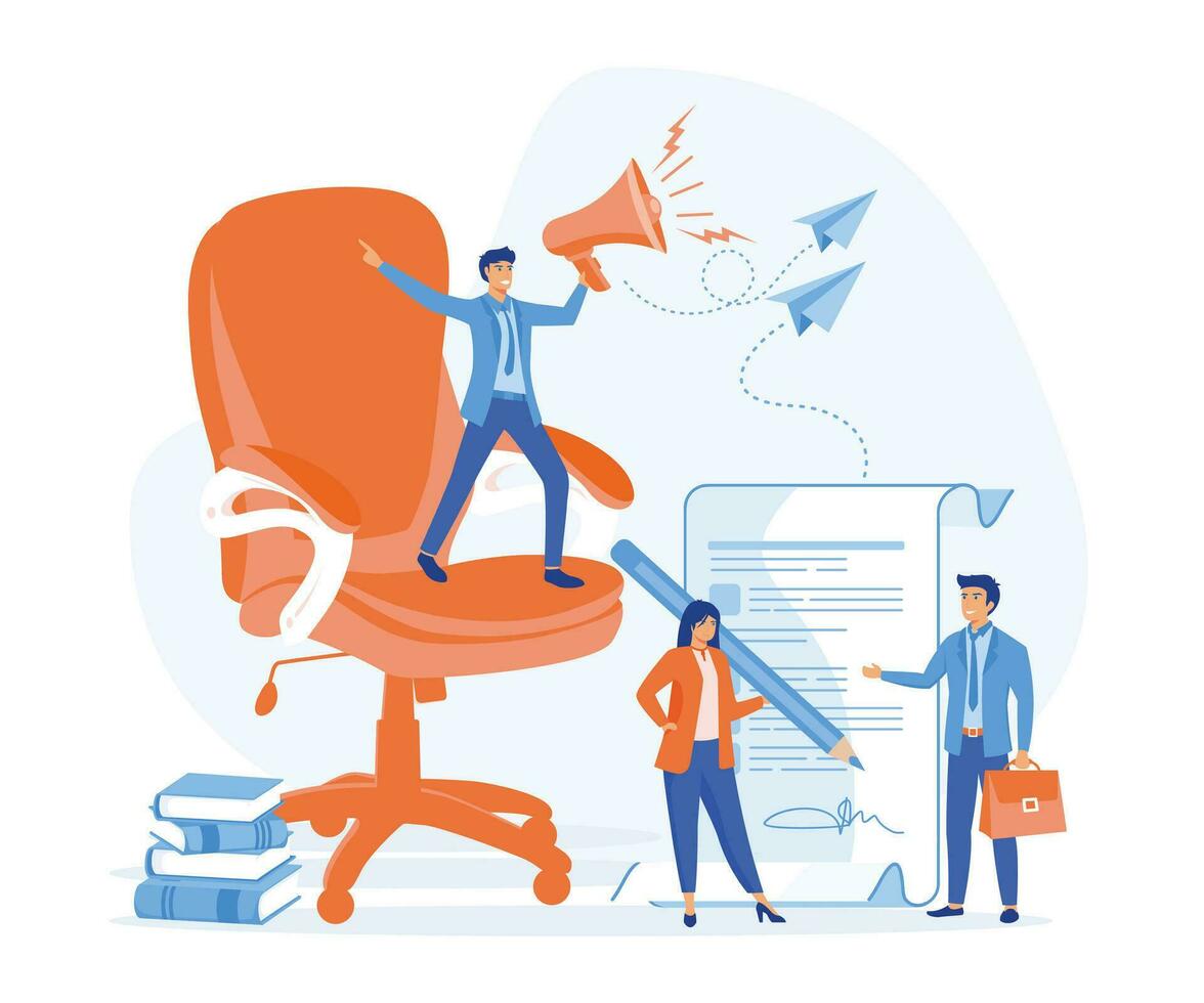 staff Recruitment. agency job seekers job applicants and office chair open vacancy.  flat vector modern illustration