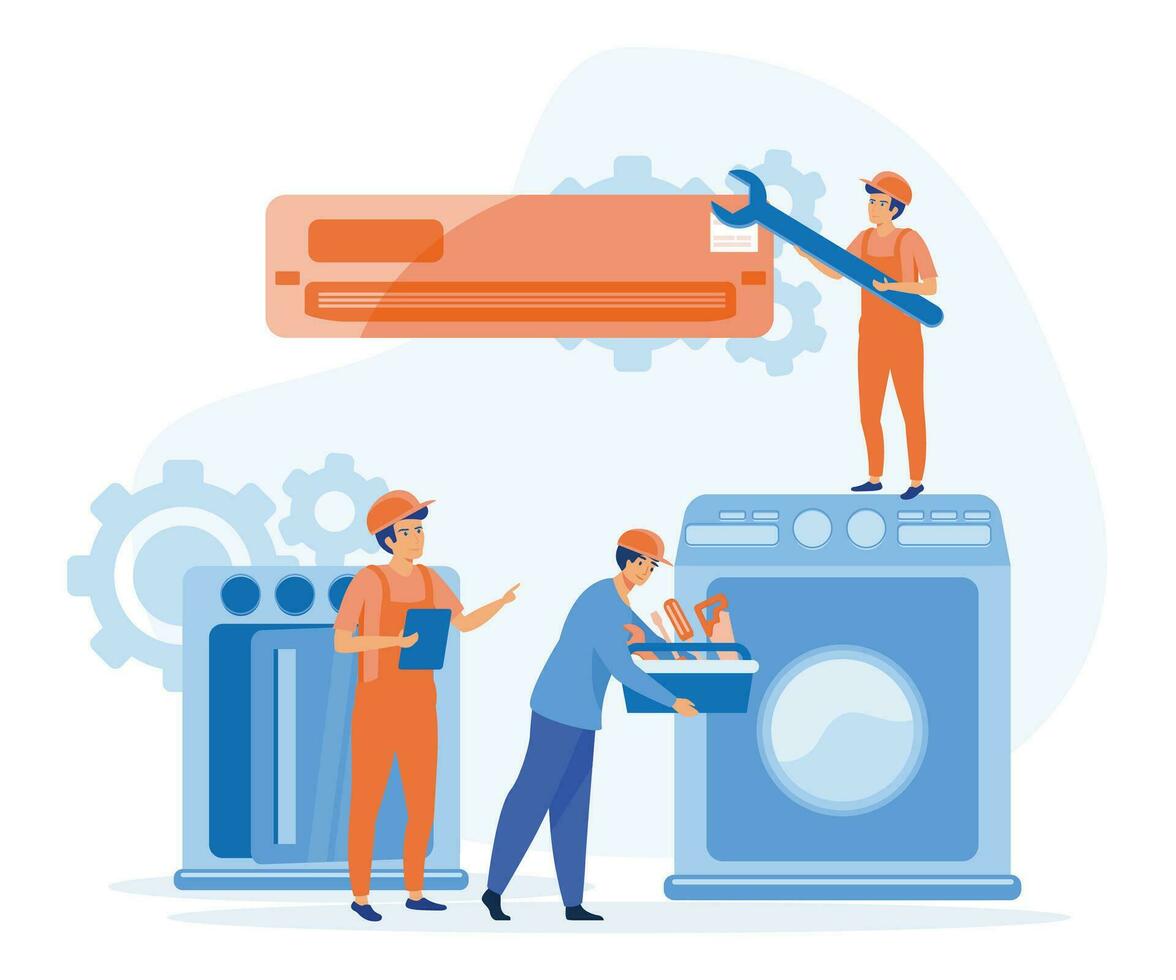 Repair and maintenance concept.Happy servicemen repairing machines at home. flat vector modern illustration