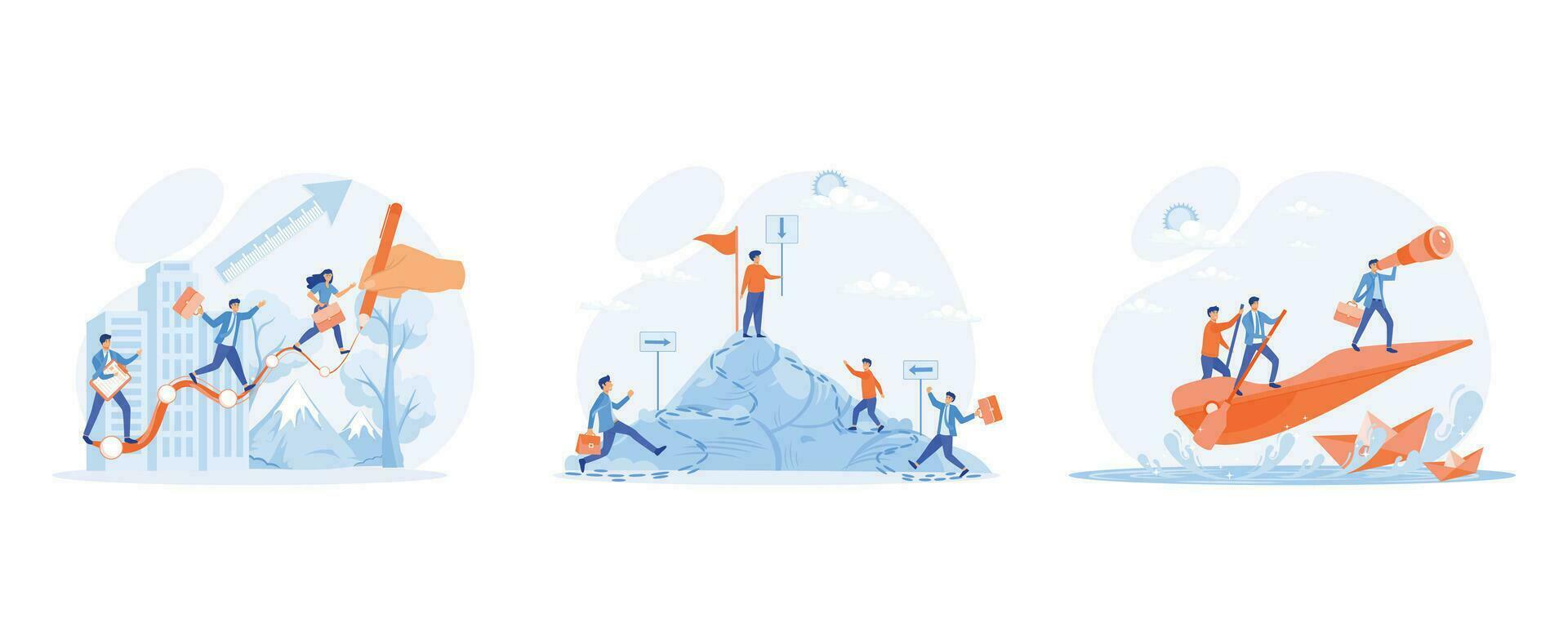 Leadership and teamwork concept, sales people, leadership, career, success, vision for future, set flat vector modern illustration