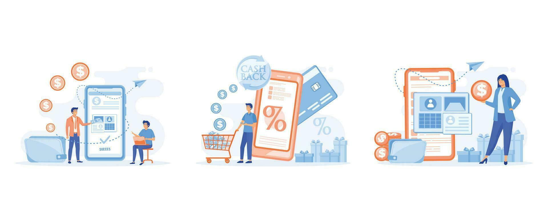 mobile banking concepts.  digital wallet app, online transactions, Cash back loyalty program, cash back on Internet,  set flat vector modern illustration
