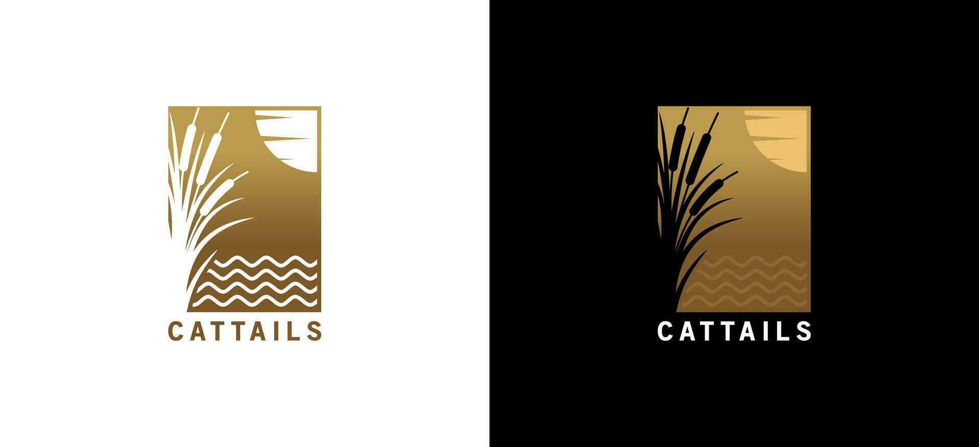 Cattail logo design in silhouette with ocean waves background vector