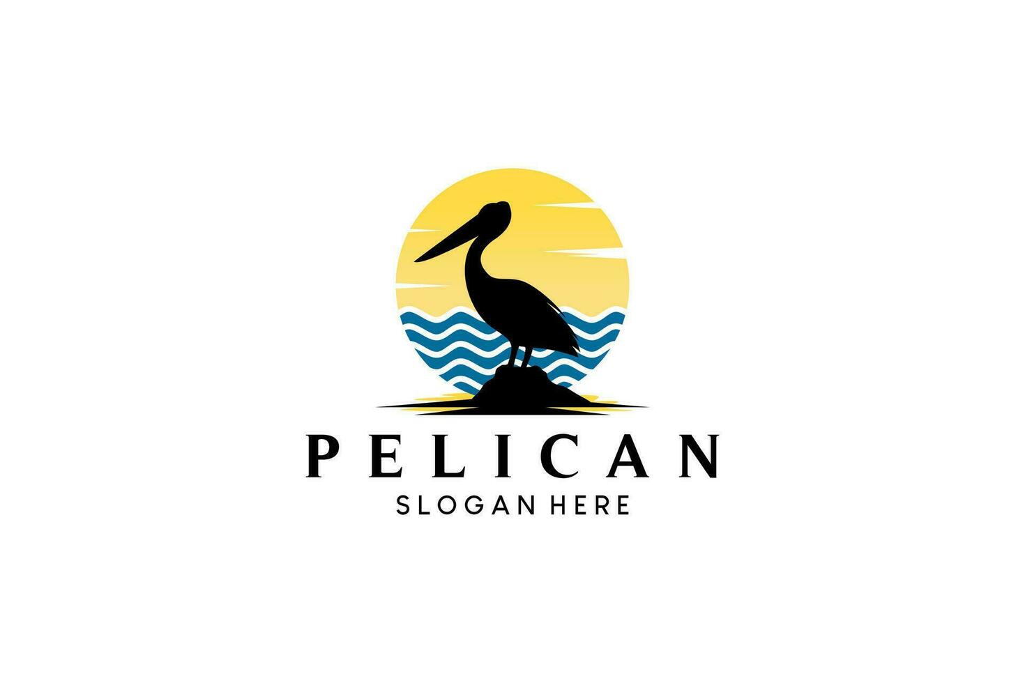 Pelican bird silhouette against natural ocean background for pelican vector logo design