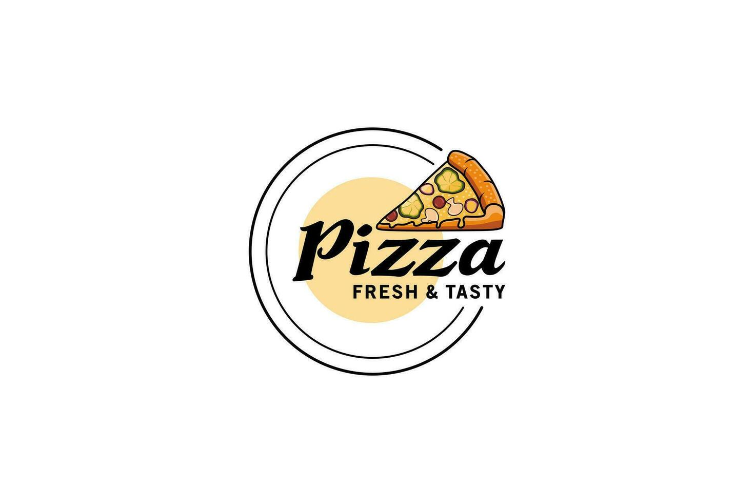 Pizza logo design template with delicious toppings modern creative vector