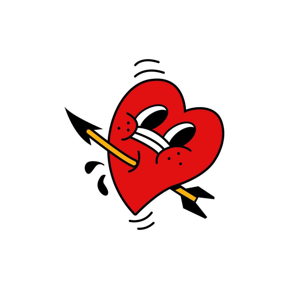 Vector illustration of heart cartoon character with arrow pierced expressing pain style for sticker, icon, logo, advertisement and tattoo