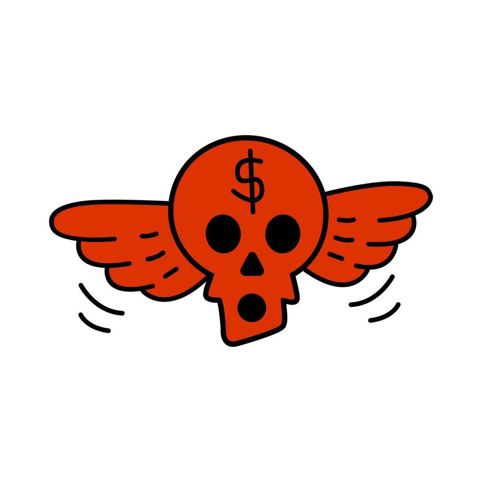 Skull head cartoon character vector illustration with wings for stickers, icons, logos, tattoos and advertising