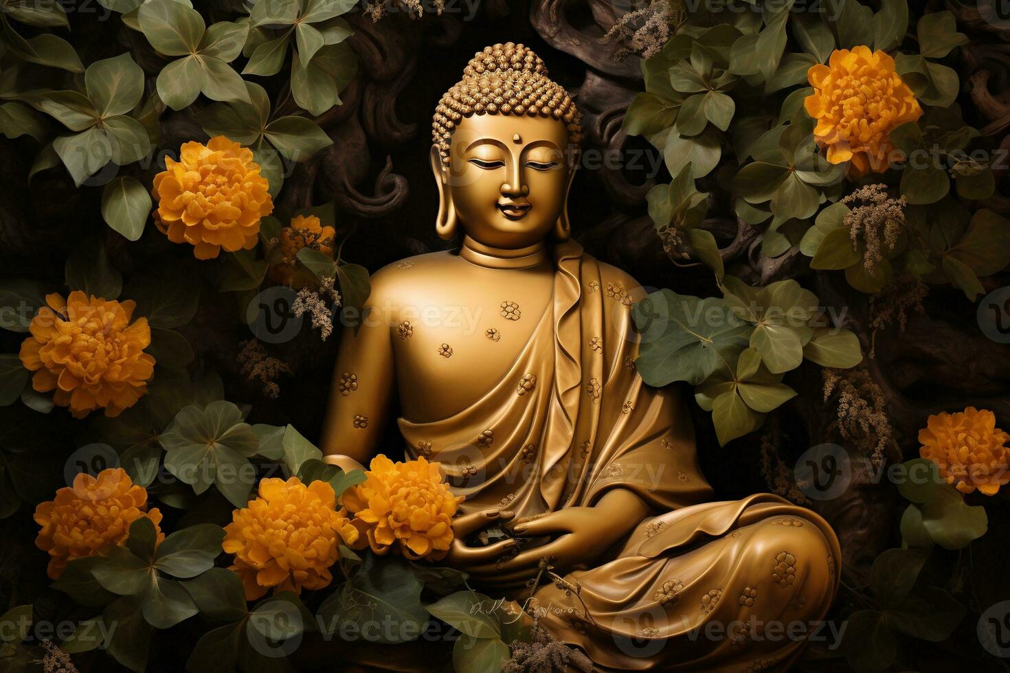 buddha statue surrounded by yellow flowers AI Generated photo