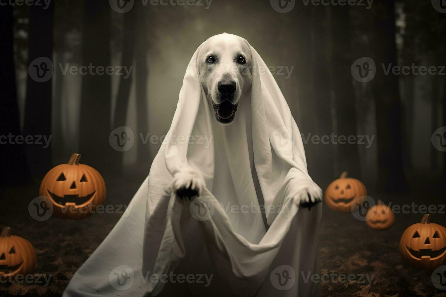 Halloween theme. dog in ghost costume with pumpkins on dark background AI Generated photo