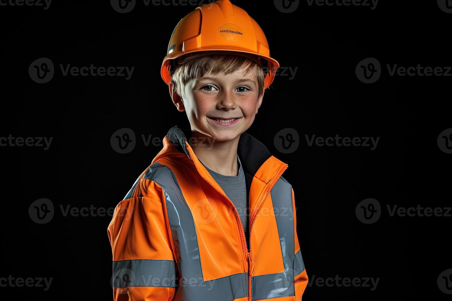 Portrait of a cute little boy in a construction helmet photo