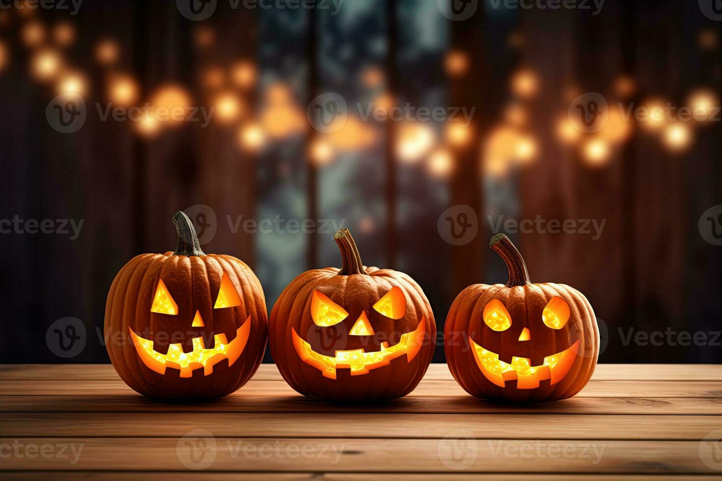 Halloween pumpkins on wooden table with bokeh lights background AI Generated photo