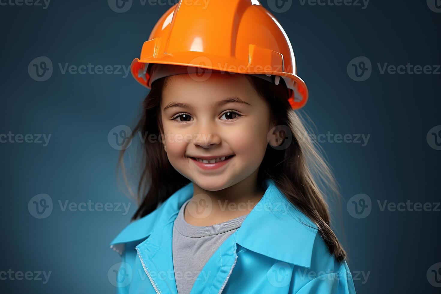 Portrait of a smiling little girl in a construction helmet photo