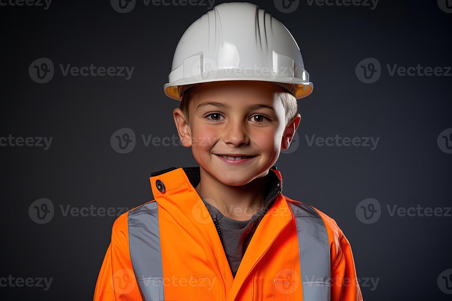 retrato de un linda pequeño chico en un construcción casco ai generado foto