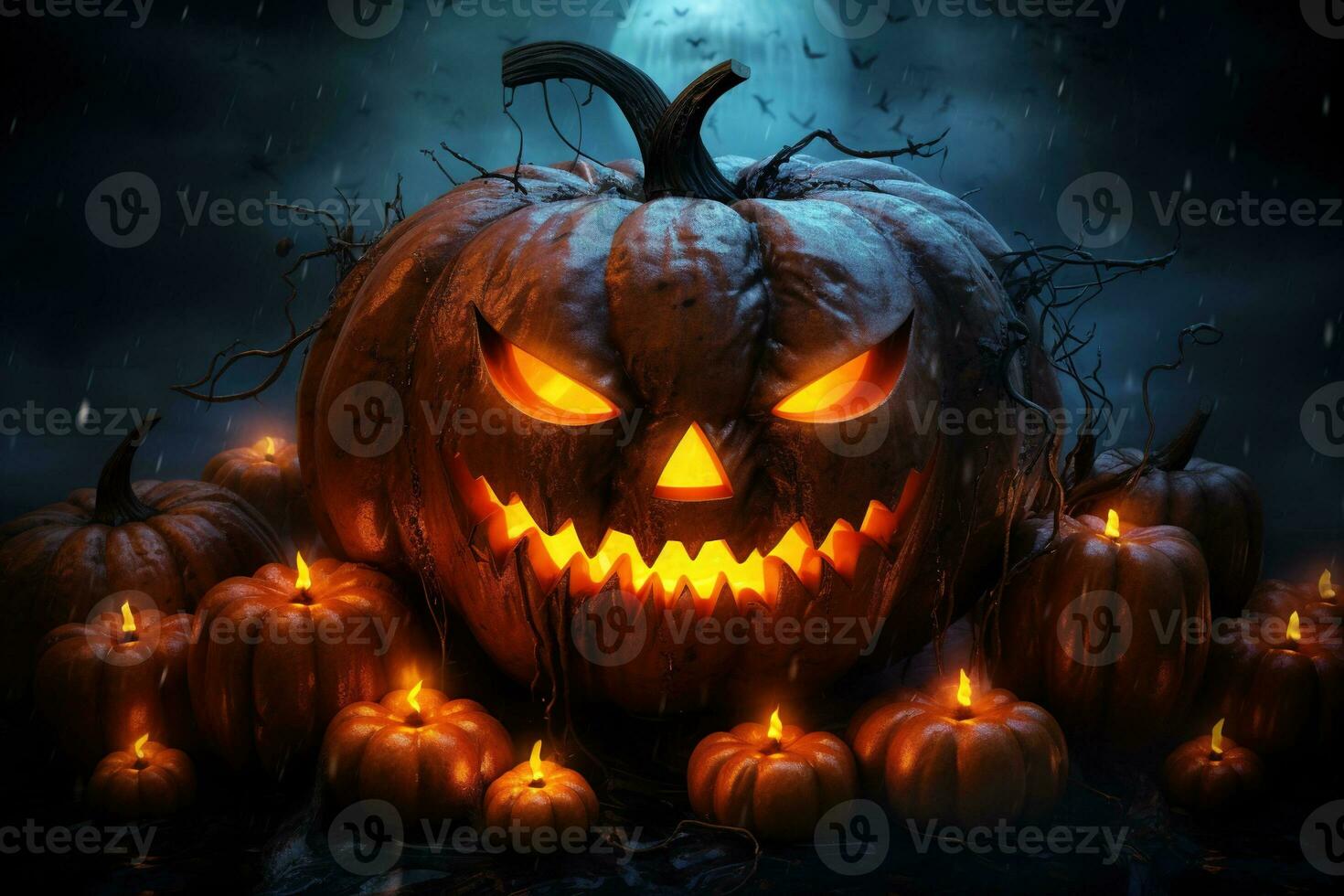 Halloween pumpkin head jack lantern with candles on dark background. Halloween concept AI Generated photo