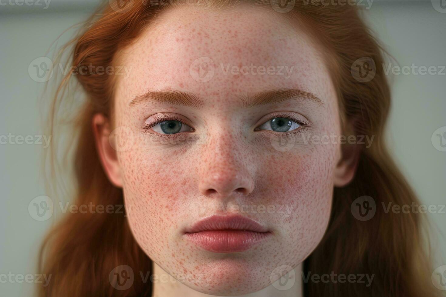 a close up of a woman with freckles AI generated photo