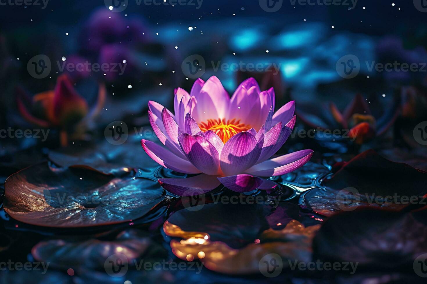 Beautiful pink water lily or lotus flower on dark background AI Generated photo