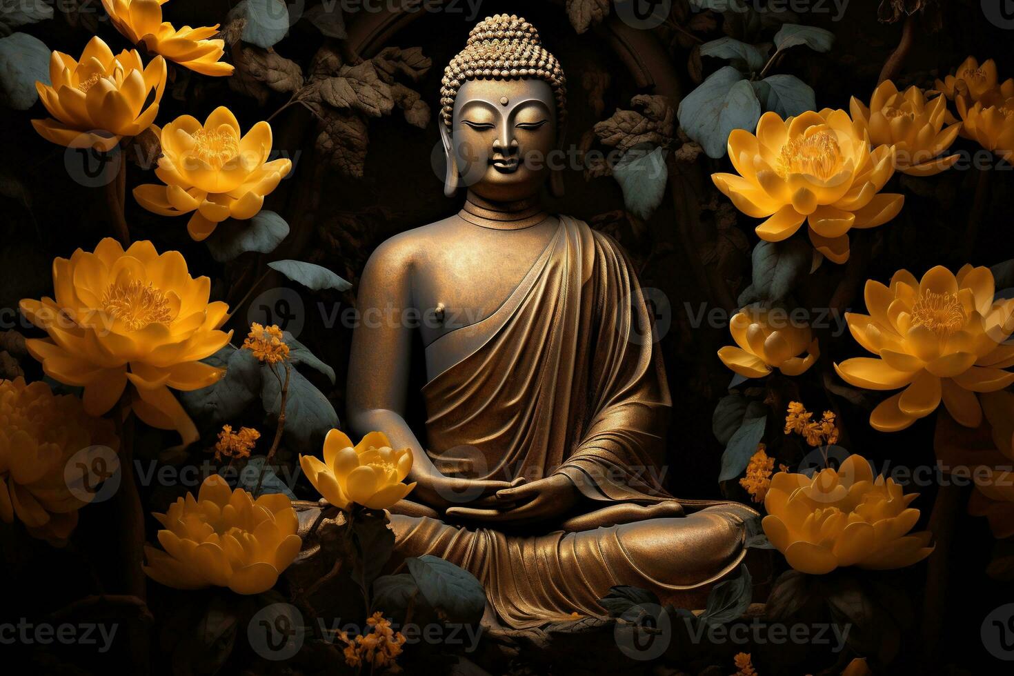 buddha statue surrounded by yellow flowers AI Generated photo